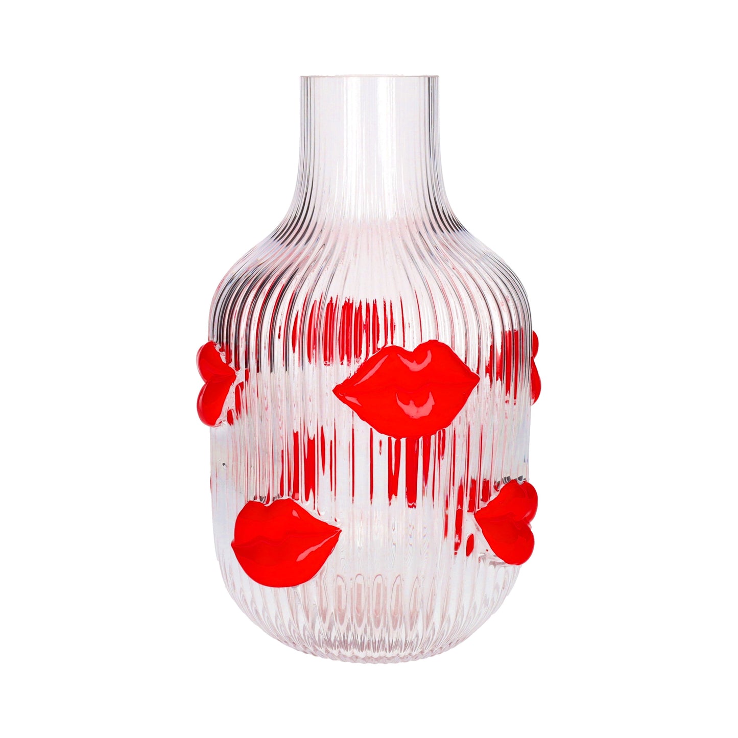 Clear glass vase with red lip designs on a white background
