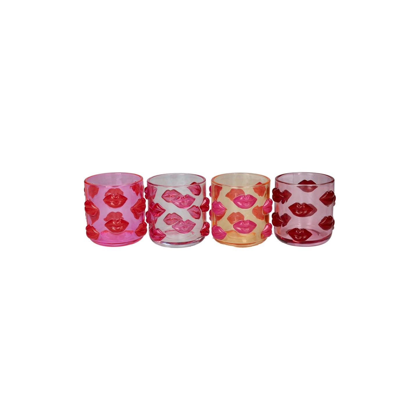 Four cylindrical containers with floral patterns on a white background