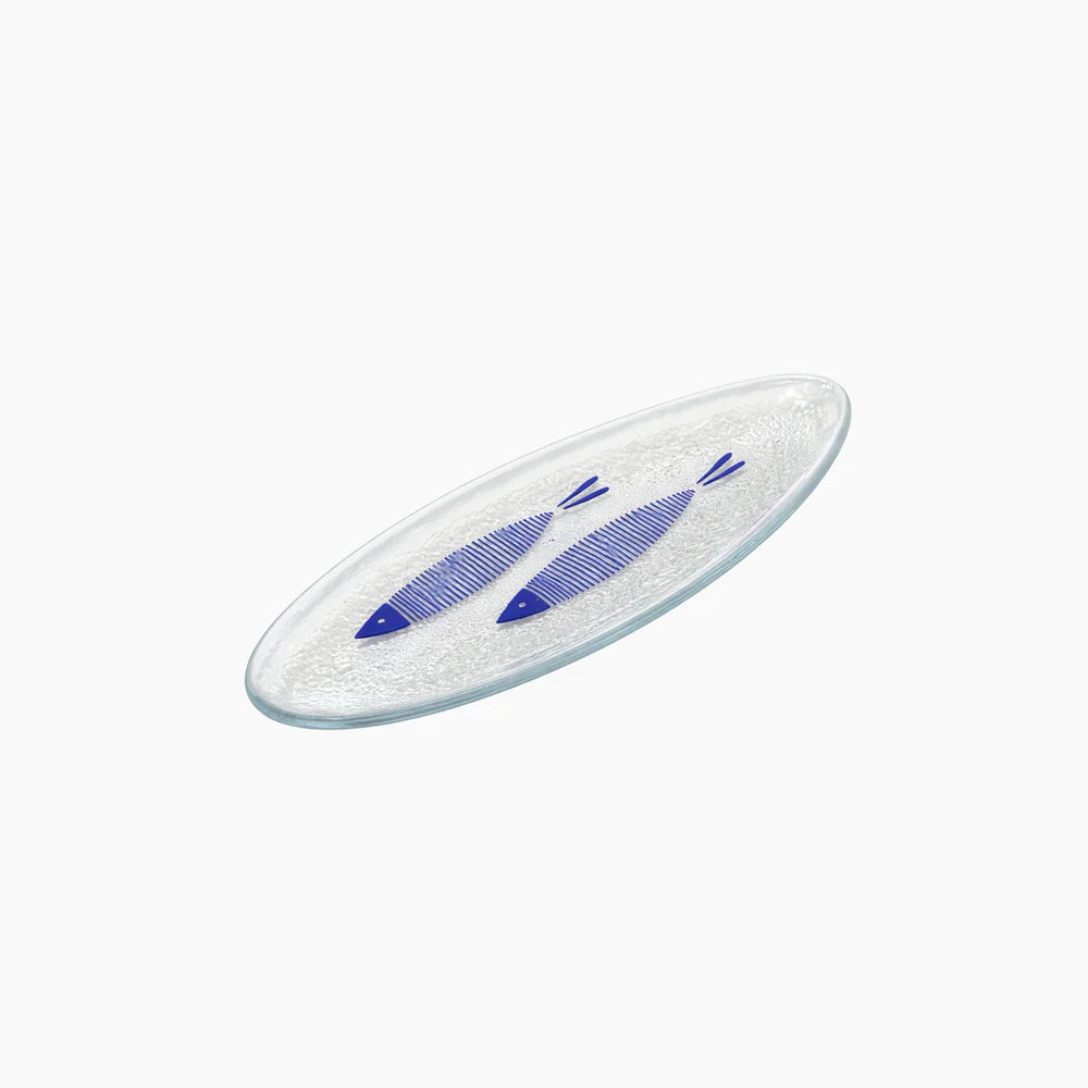 Surfboard with blue design on a white background