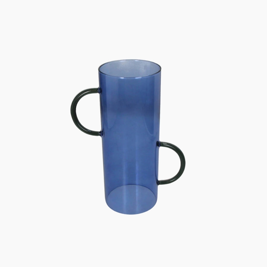 Blue cylindrical mug with black handles on a white background