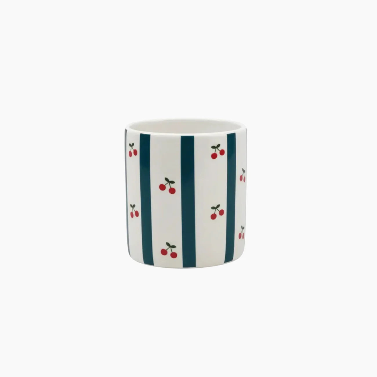 Ceramic pot with blue stripes and red cherry patterns on a white background