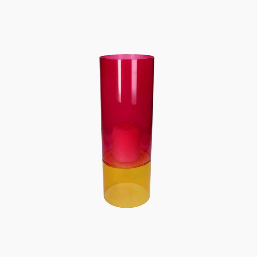 Two cylindrical glass vases, one red and one yellow, on a white background.
