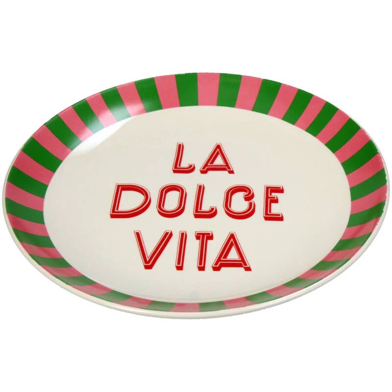 Decorative plate with 'La Dolce Vita' text and striped border on a white background