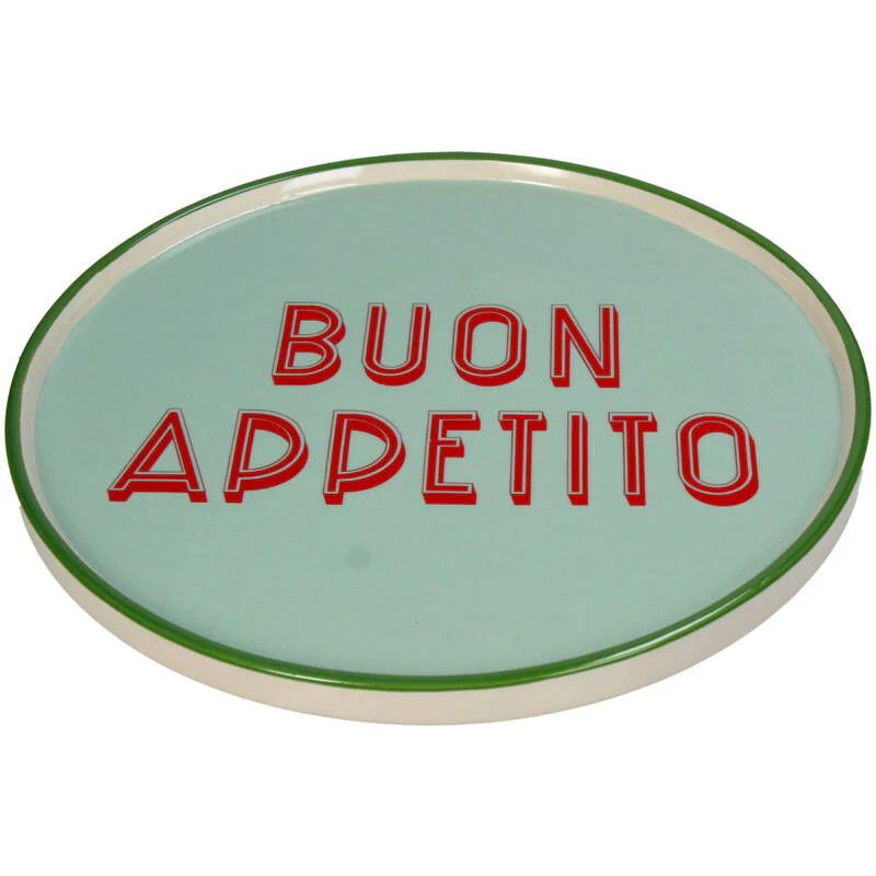 Round ceramic plate with 'BUON APPETITO' text on a light green background