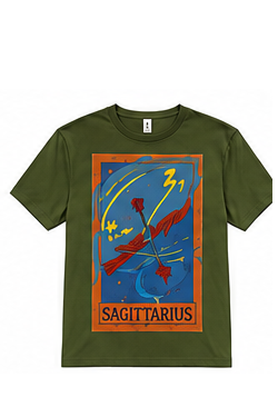 Green t-shirt with Sagittarius zodiac design on a white background