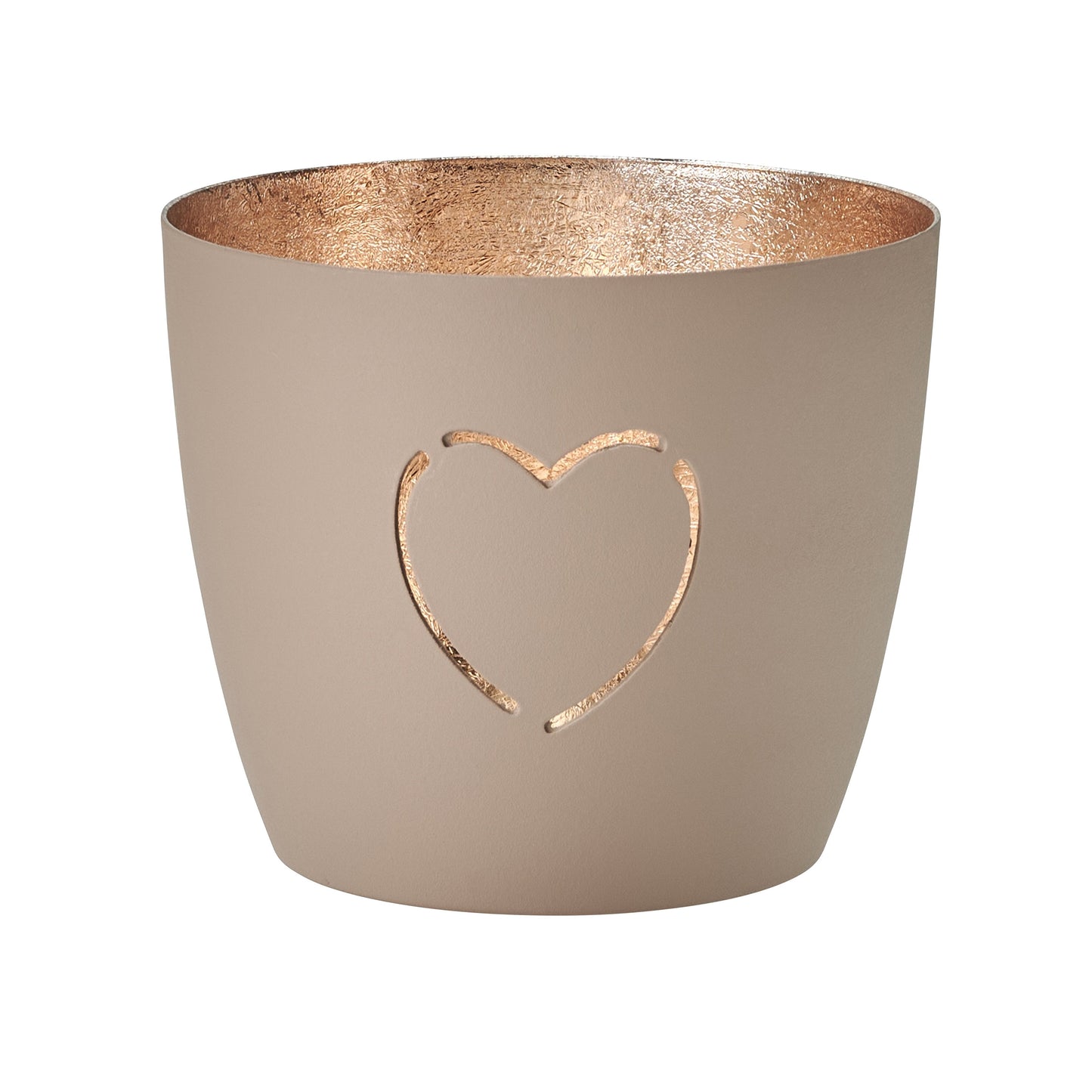 Beige planter with a gold heart cutout on a white background