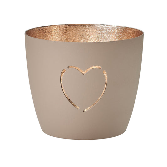 Beige planter with a gold heart cutout on a white background