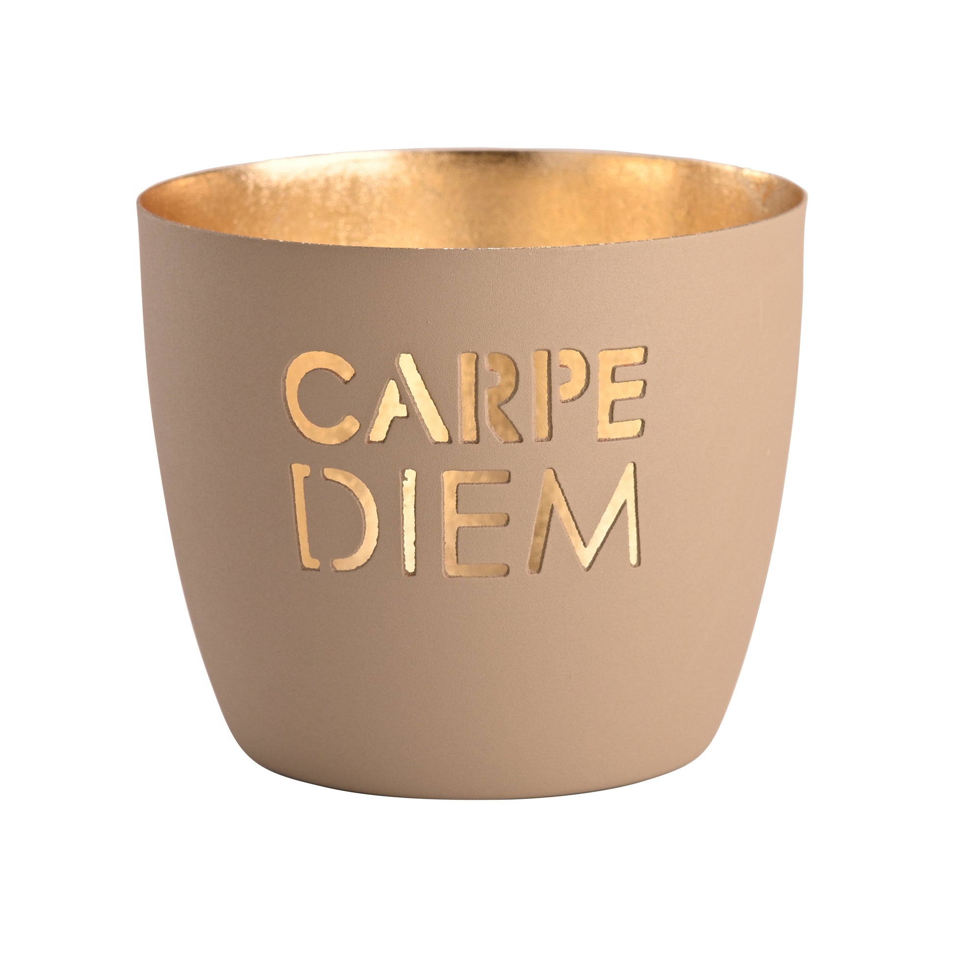 Beige container with gold interior and 'CARPE DIEM' text on a white background