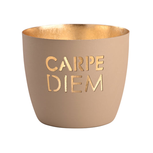 Beige container with gold interior and 'CARPE DIEM' text on a white background