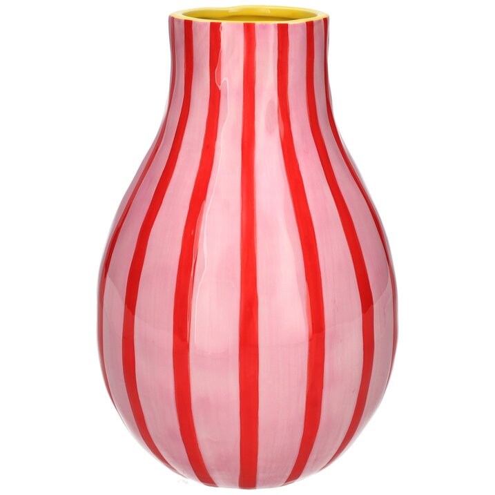 Vase with red and pink vertical stripes on a white background