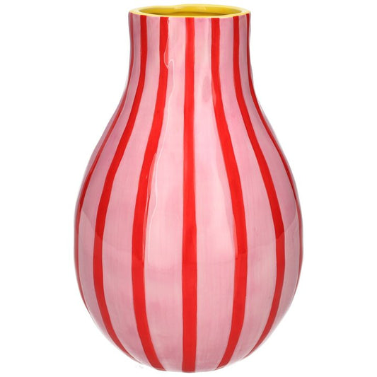 Vase with red and pink vertical stripes on a white background