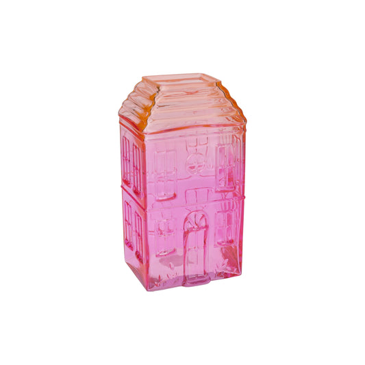 Colorful glass object with a geometric design on a white background