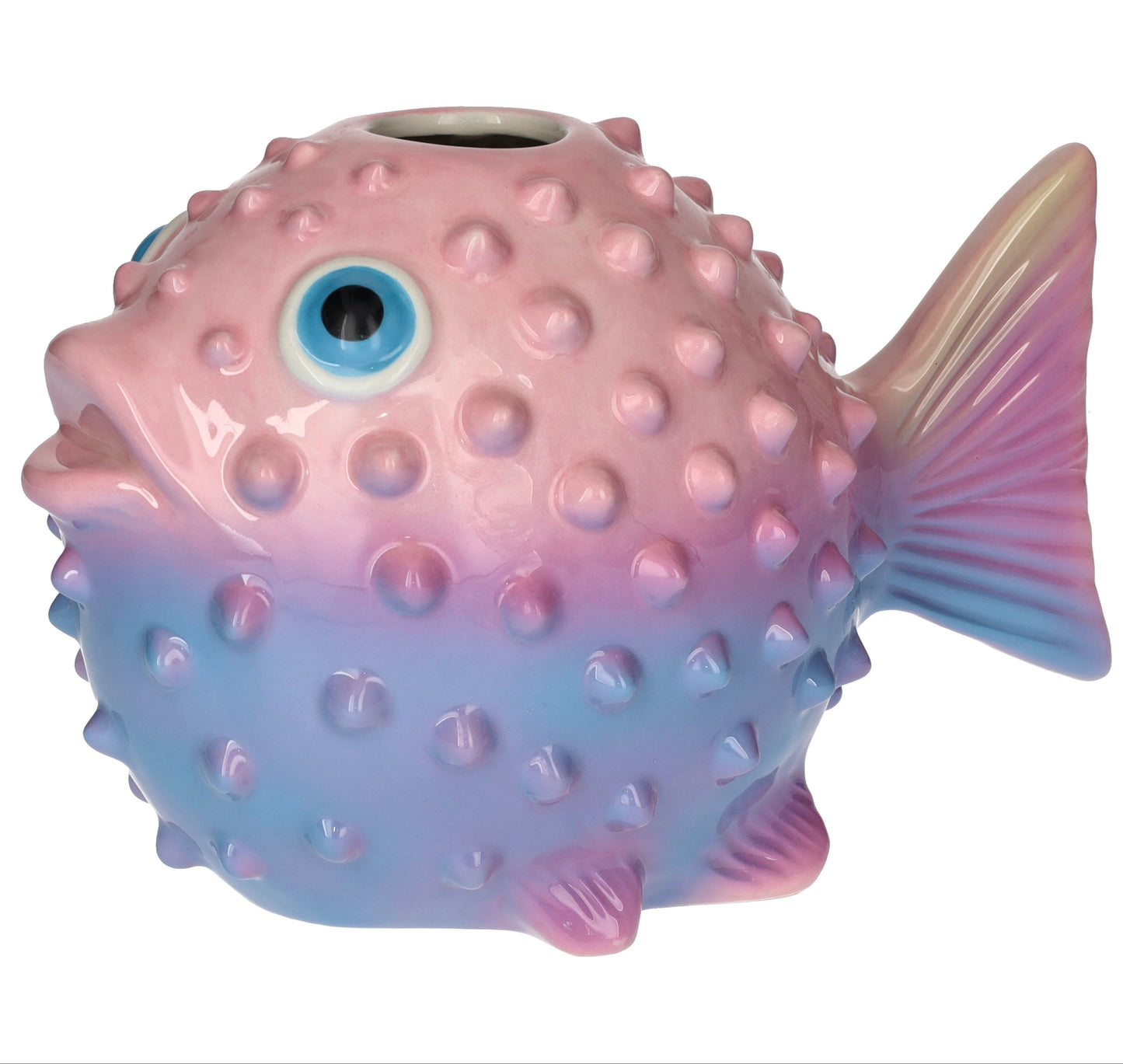 Pink and blue fish-shaped vase with textured surface on a white background