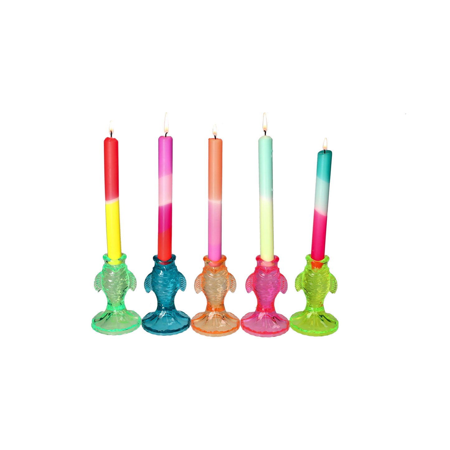 Set of colorful candles with gradient hues on a white background