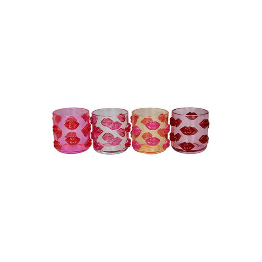 Four cylindrical containers with floral patterns on a white background