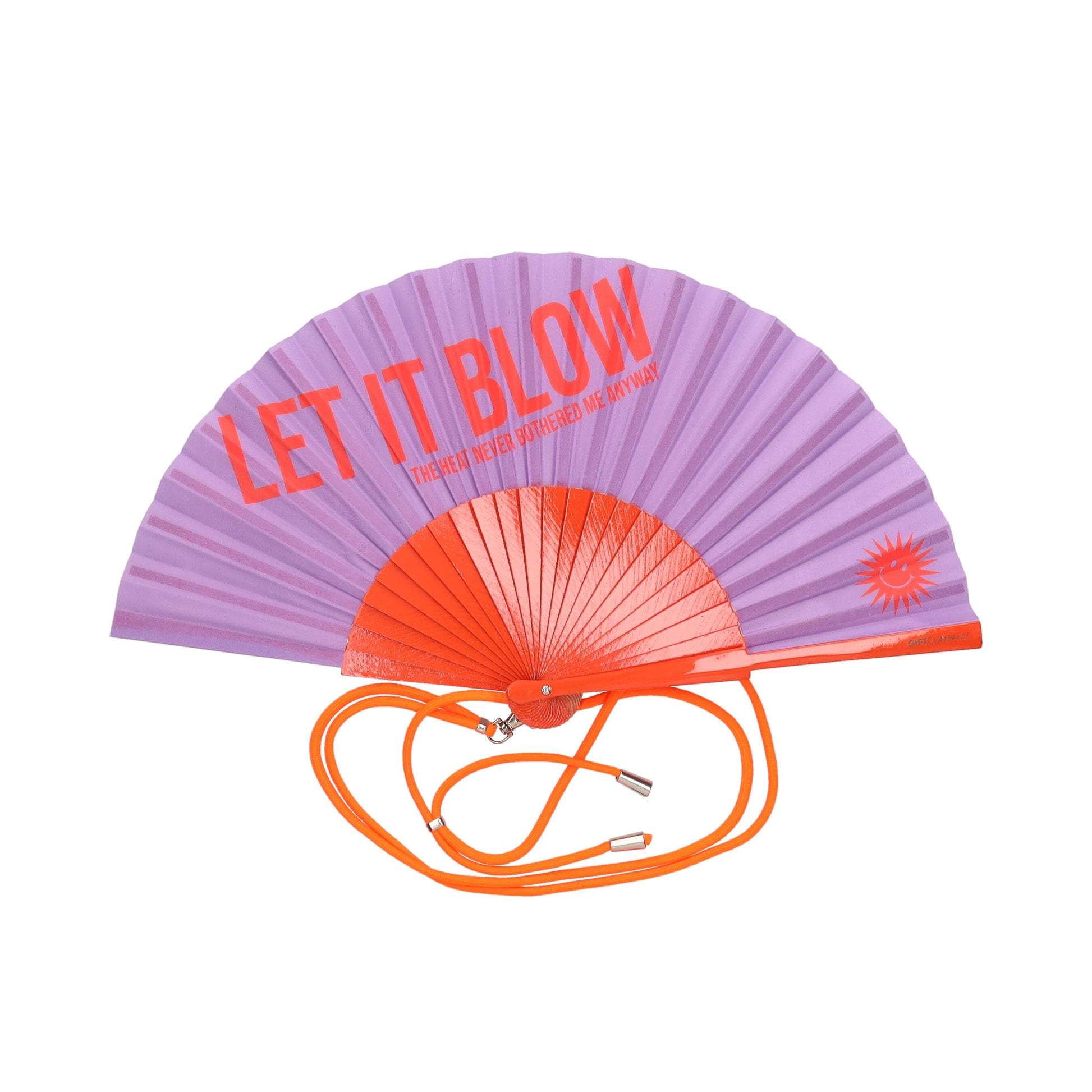 Handheld fan with 'LET IT BLOW' text on a white background