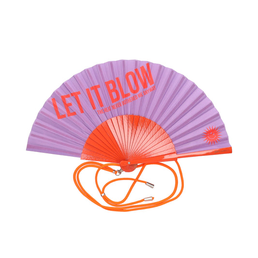 Handheld fan with 'LET IT BLOW' text on a white background
