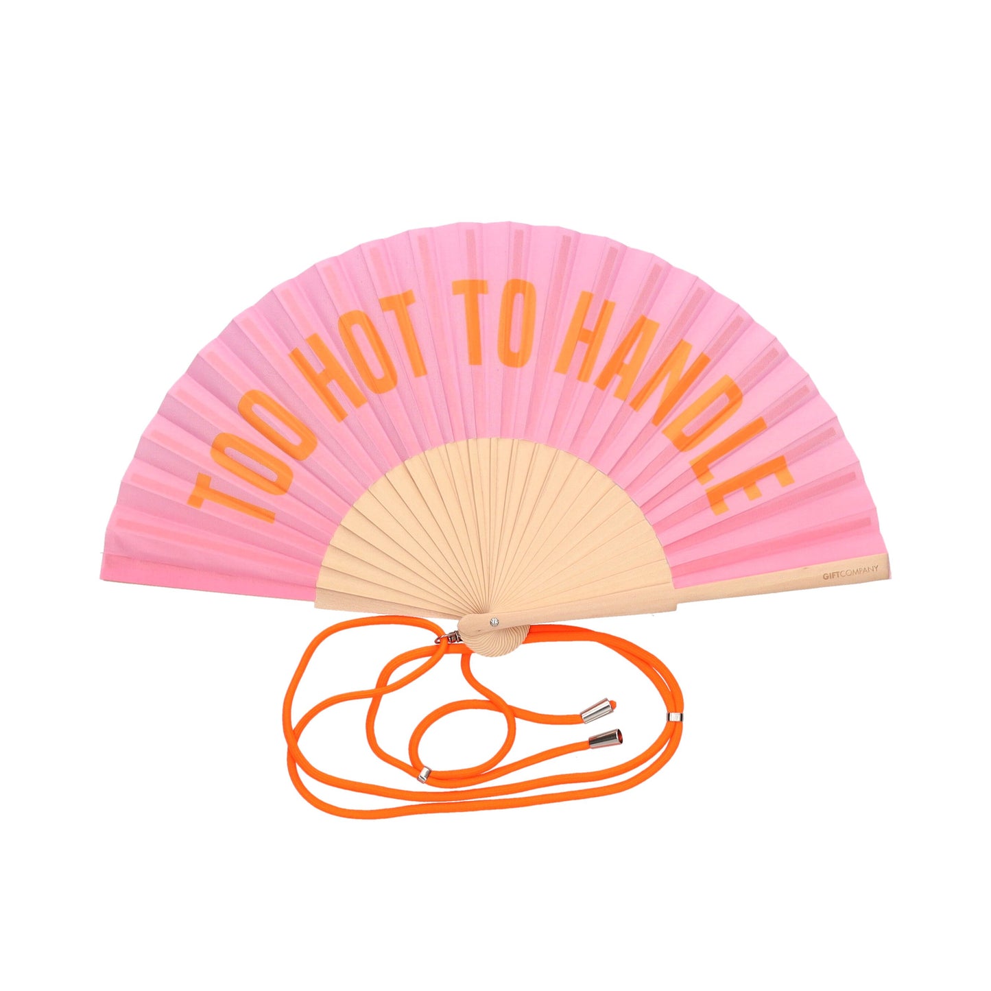 Pink hand fan with 'Too Hot To Handle' text and orange lanyard on a white background