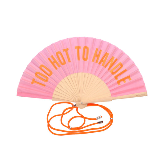 Pink hand fan with 'Too Hot To Handle' text and orange lanyard on a white background
