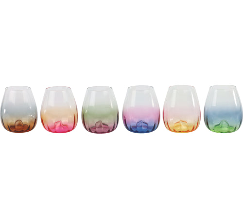 Set of six stemless wine glasses with gradient colors on a white background
