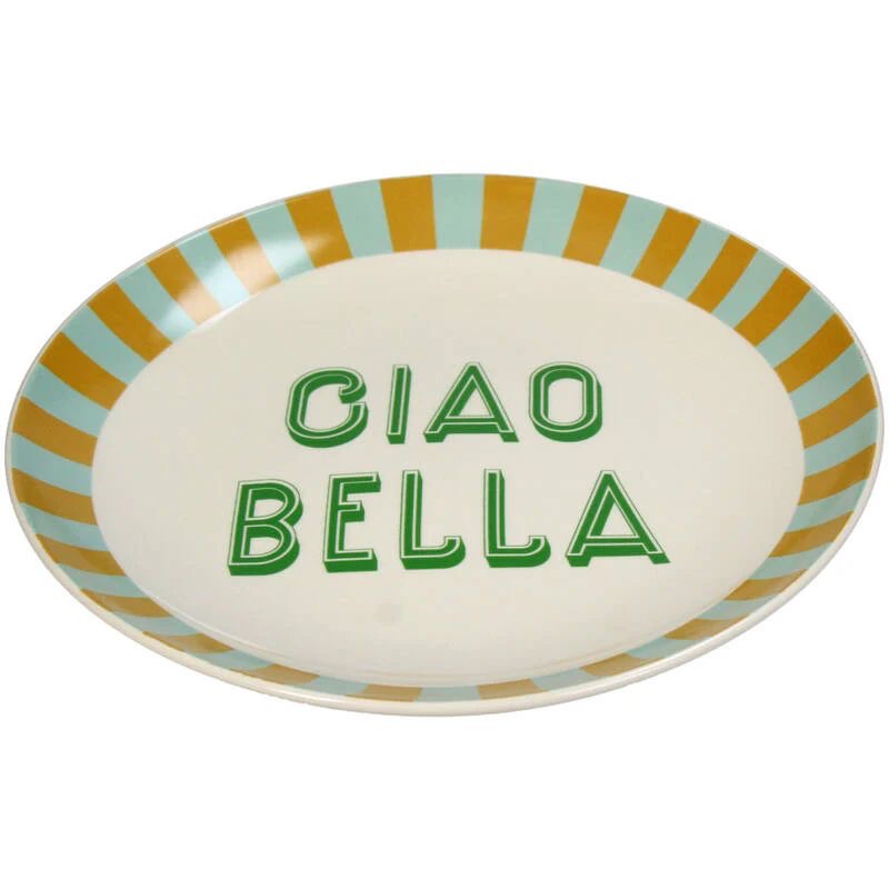 Oval plate with striped border and 'CIAO BELLA' text on a white background