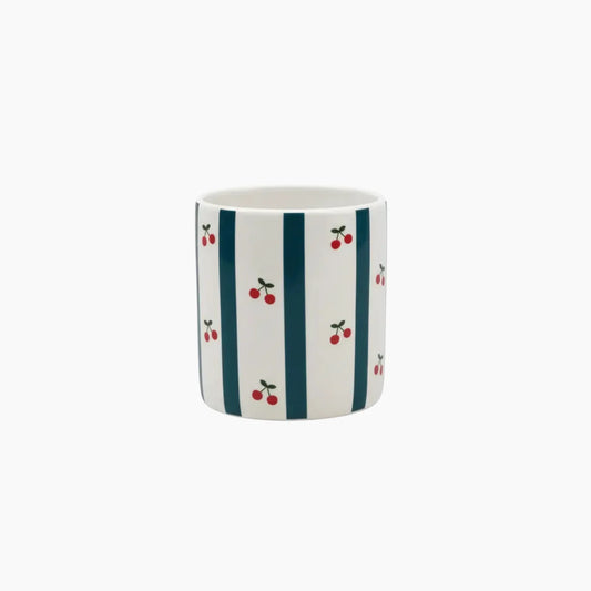 Ceramic pot with blue stripes and red cherry patterns on a white background