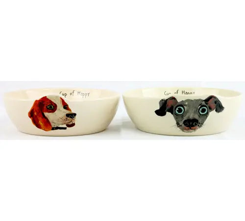 Two ceramic bowls with dog illustrations on a white background