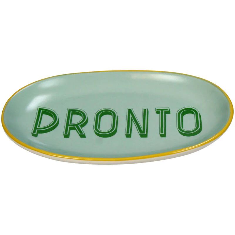 Green dish with 'PRONTO' text on a white background