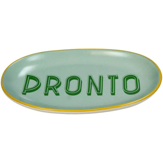 Green dish with 'PRONTO' text on a white background