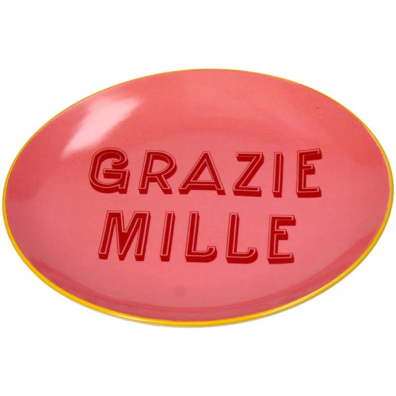 Pink oval plate with 'Grazie Mille' text on a white background