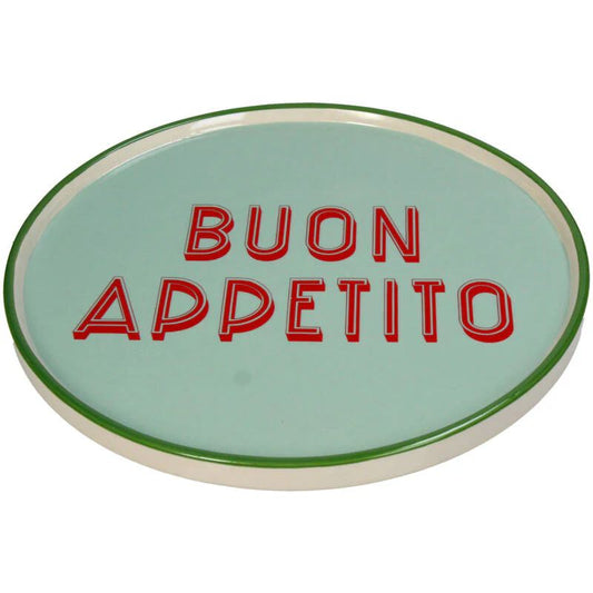 Round ceramic plate with 'BUON APPETITO' text on a light green background