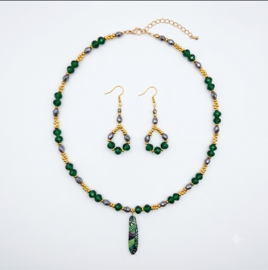 Jewelry set with necklace and earrings on a white background