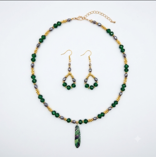 Jewelry set with necklace and earrings on a white background