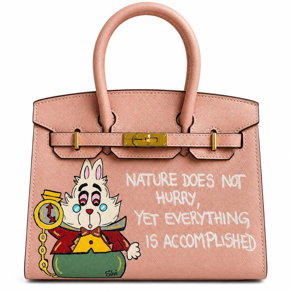 Pink handbag with cartoon character and quote on a white background