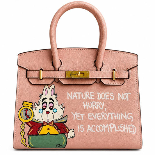 Pink handbag with cartoon character and quote on a white background