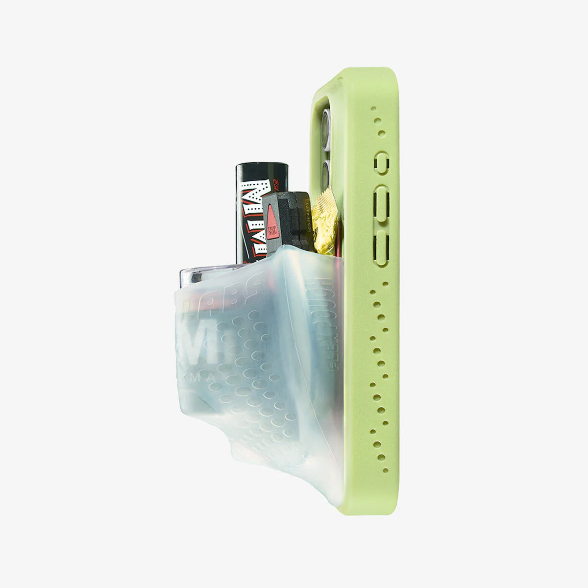 Clear plastic container with a green lid holding items on a white background