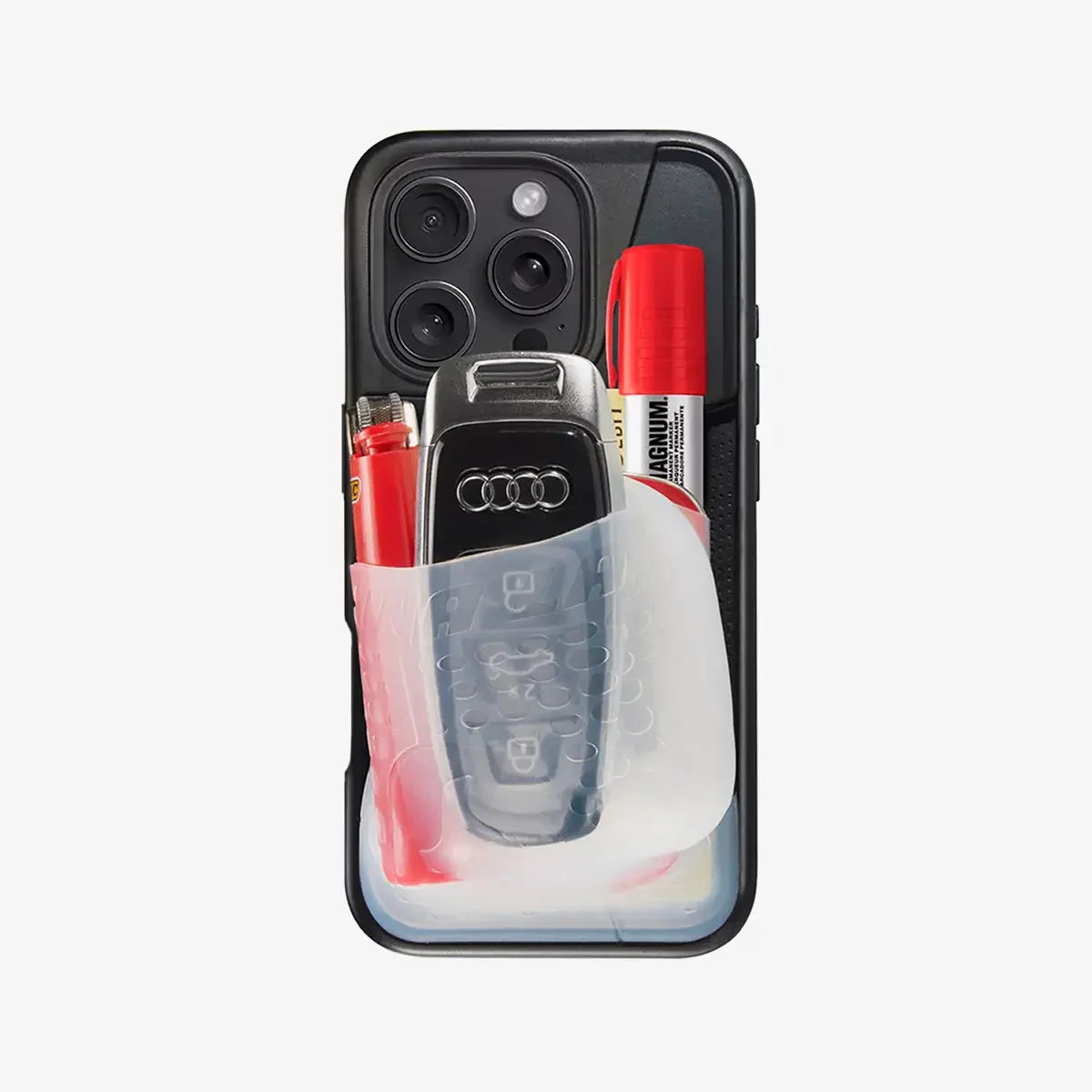 Phone case with Audi car key and markers on a white background