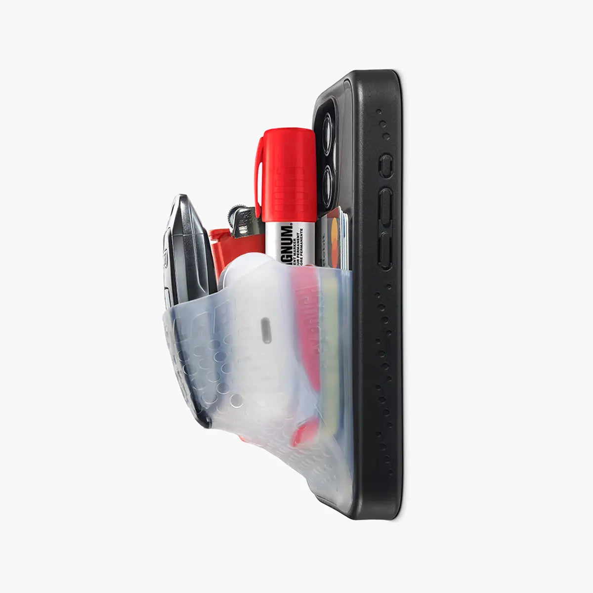 Phone case with various items including a pen, marker, and small tools on a white background