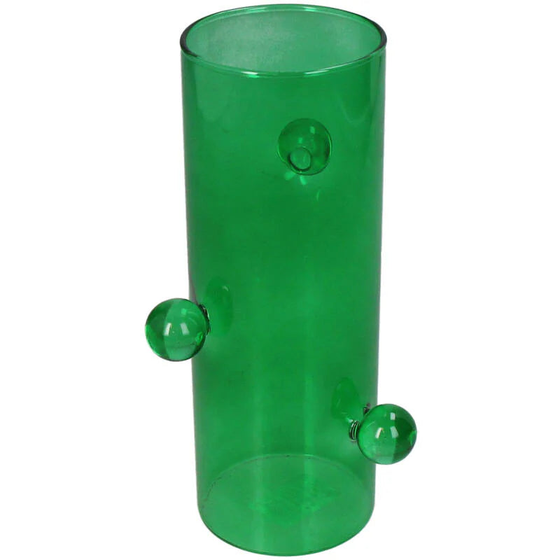 Green cylindrical glass object with three spherical attachments on a white background