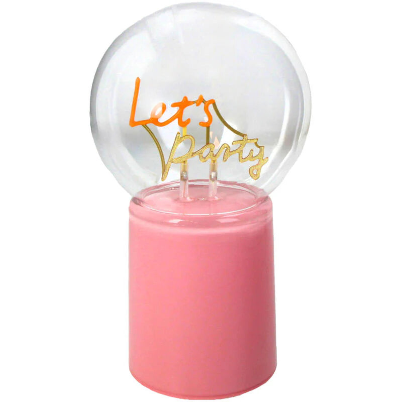 Pink candle with a clear sphere on top displaying 'Let's Party' text.