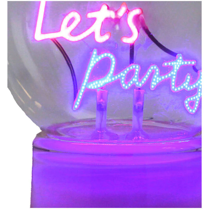 Neon sign with 'Let's Party' text in pink, white, and blue on a clear base.