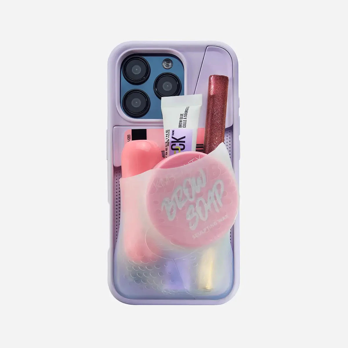 Phone case with cosmetic items including a pink 'Belly Soap' bar and a tube of cream.