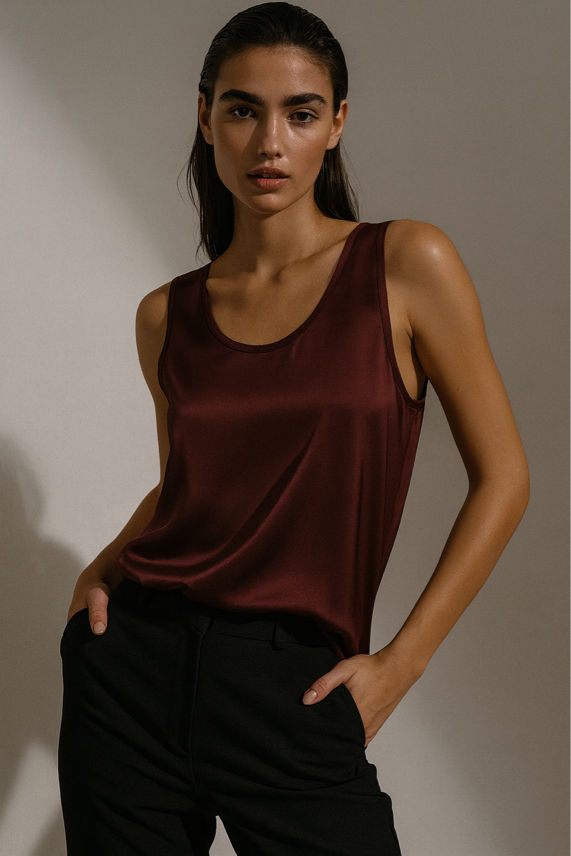 Woman wearing a burgundy tank top and black pants against a neutral background