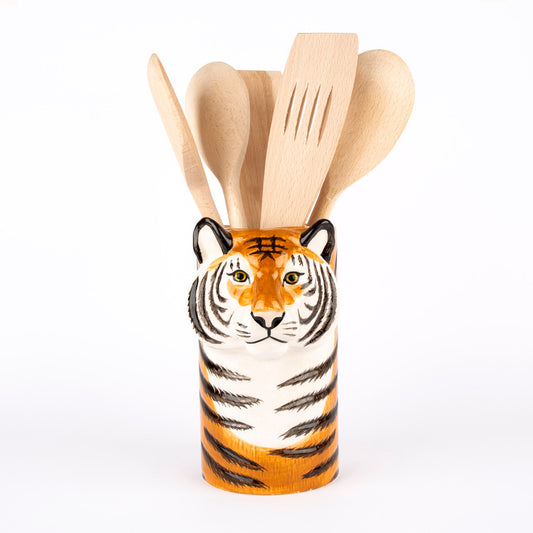 Tiger-themed wooden utensil holder with kitchen utensils on a white background