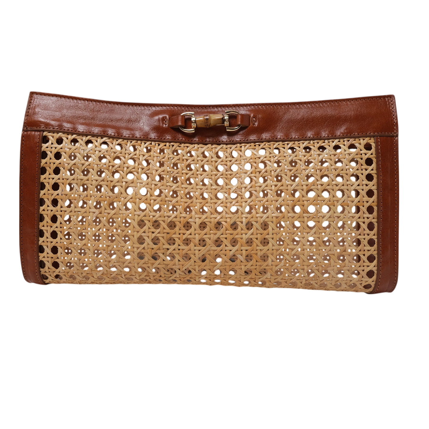 Brown handbag with woven pattern on a white background