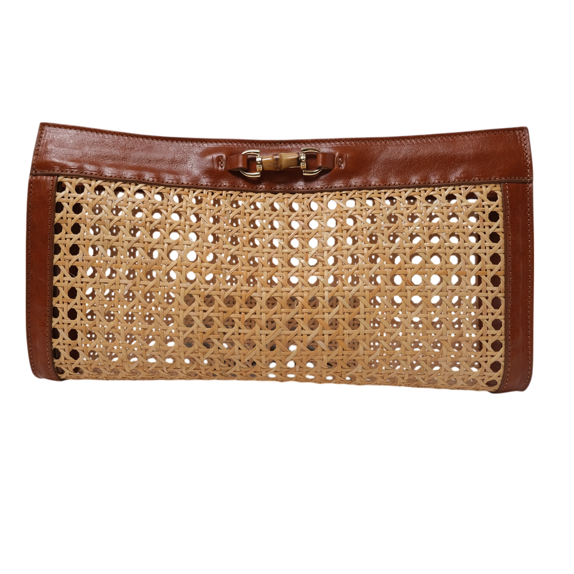 Brown handbag with woven pattern on a white background