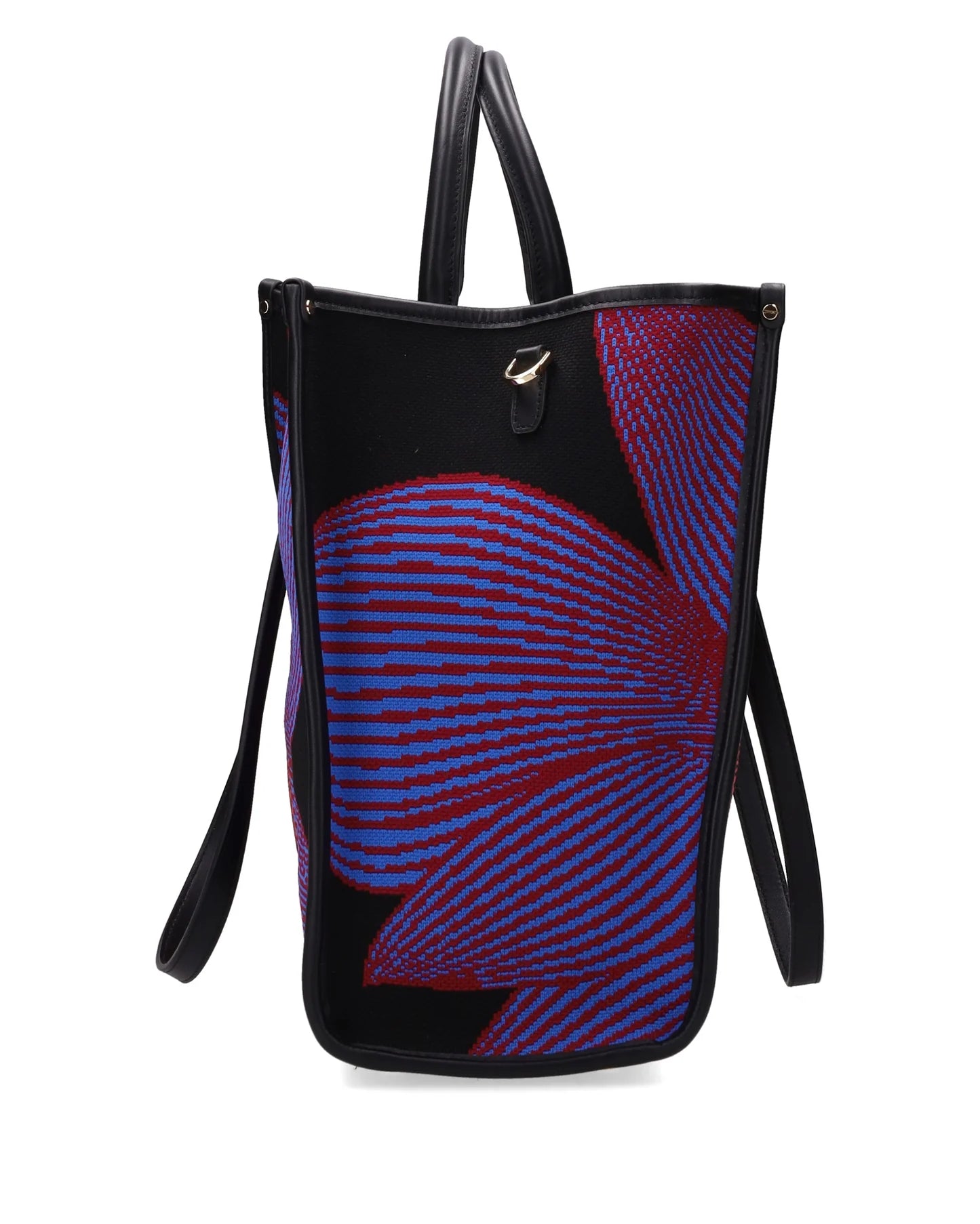 Black tote bag with blue and red abstract design on a white background