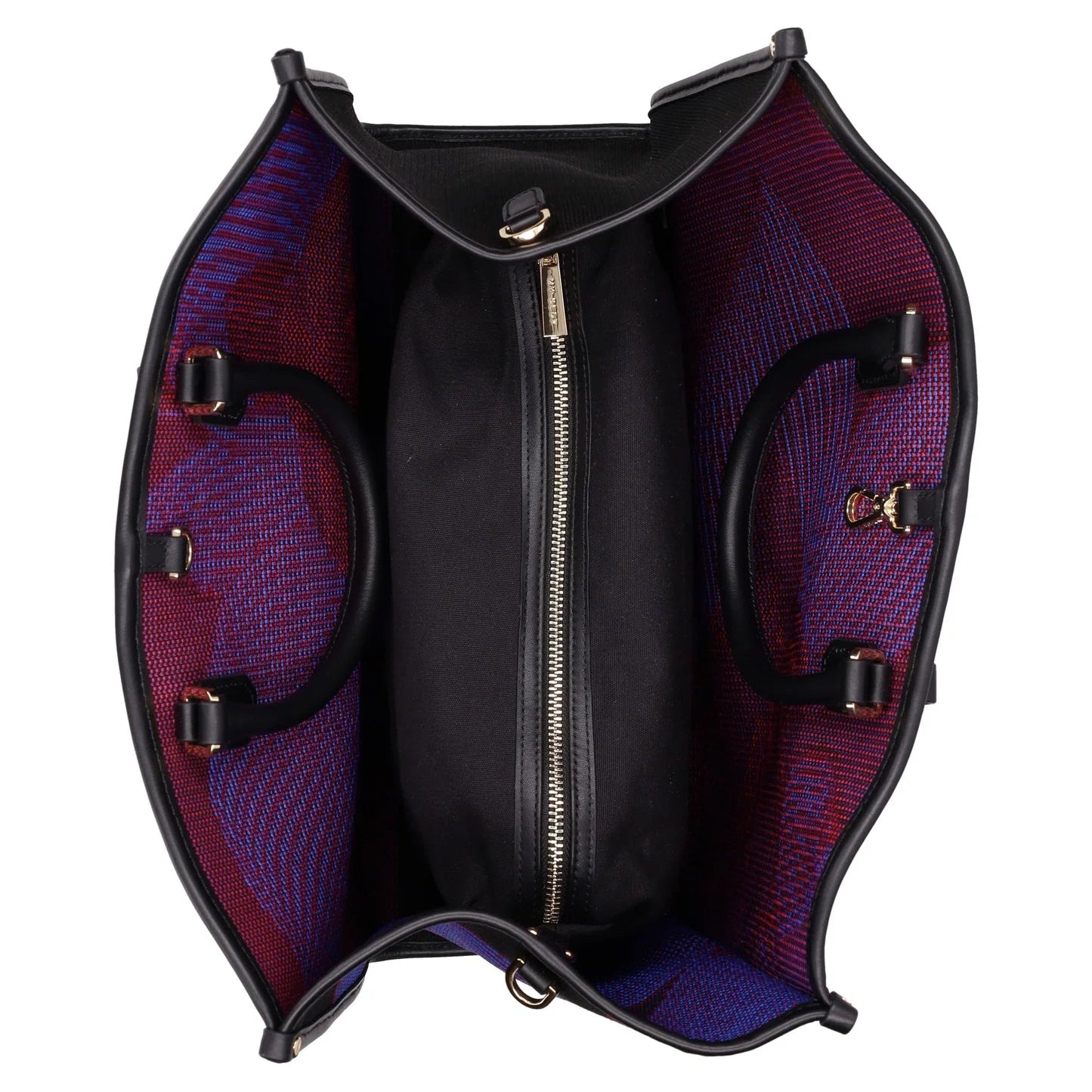 Open black leather bag with purple interior on a white background