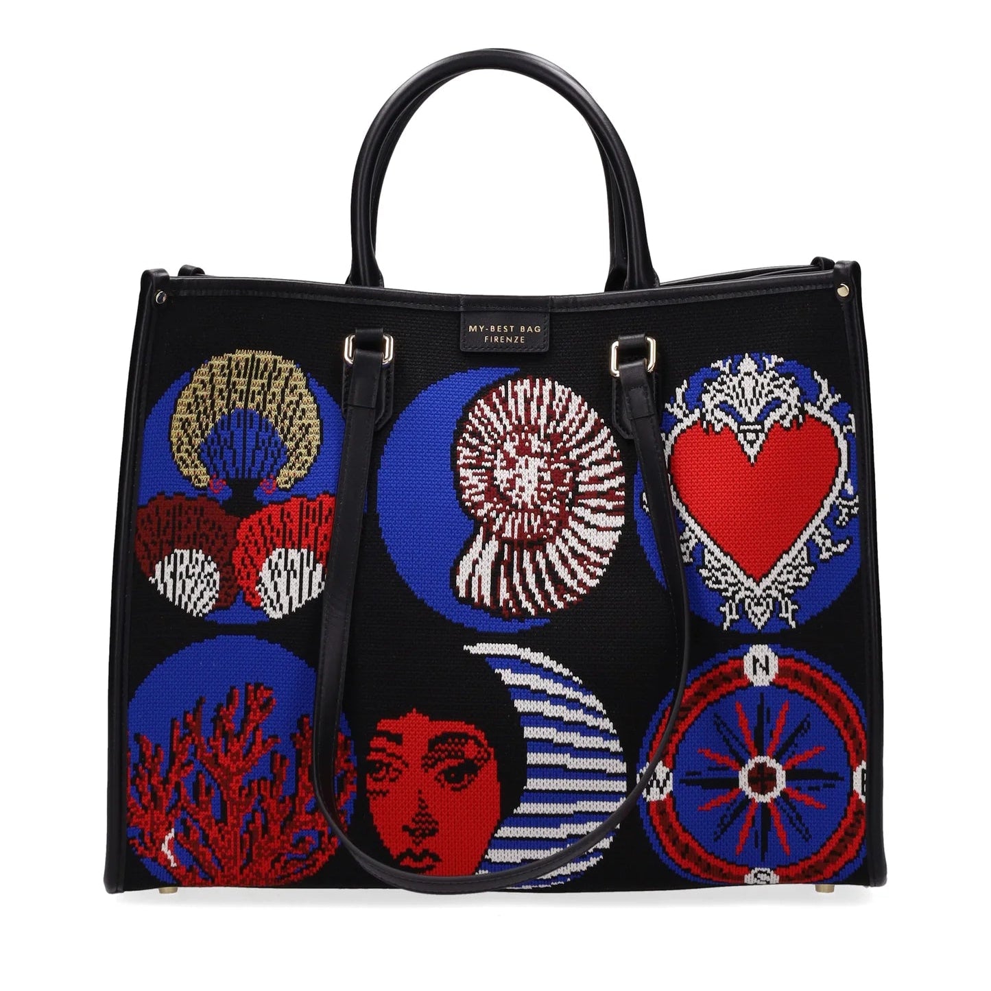 Black handbag with colorful embroidered designs on a white background