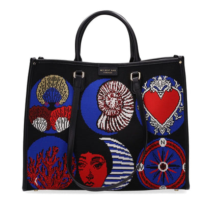 Black handbag with colorful embroidered designs on a white background
